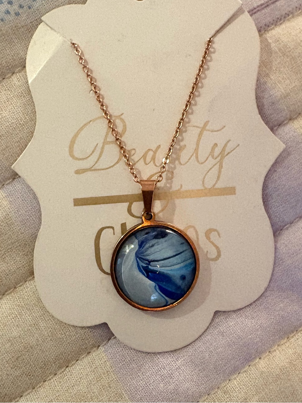 Hand-Painted Blue Marble Pendant Necklace - Gold Tone